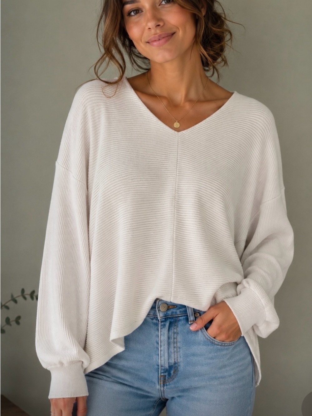 Cozy Ribbed V-Neck Sweater in White